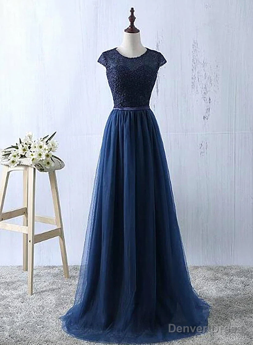 Navy Blue Tulle Long Bridesmaid Dress, Navy Blue Bridesmaid Dresses