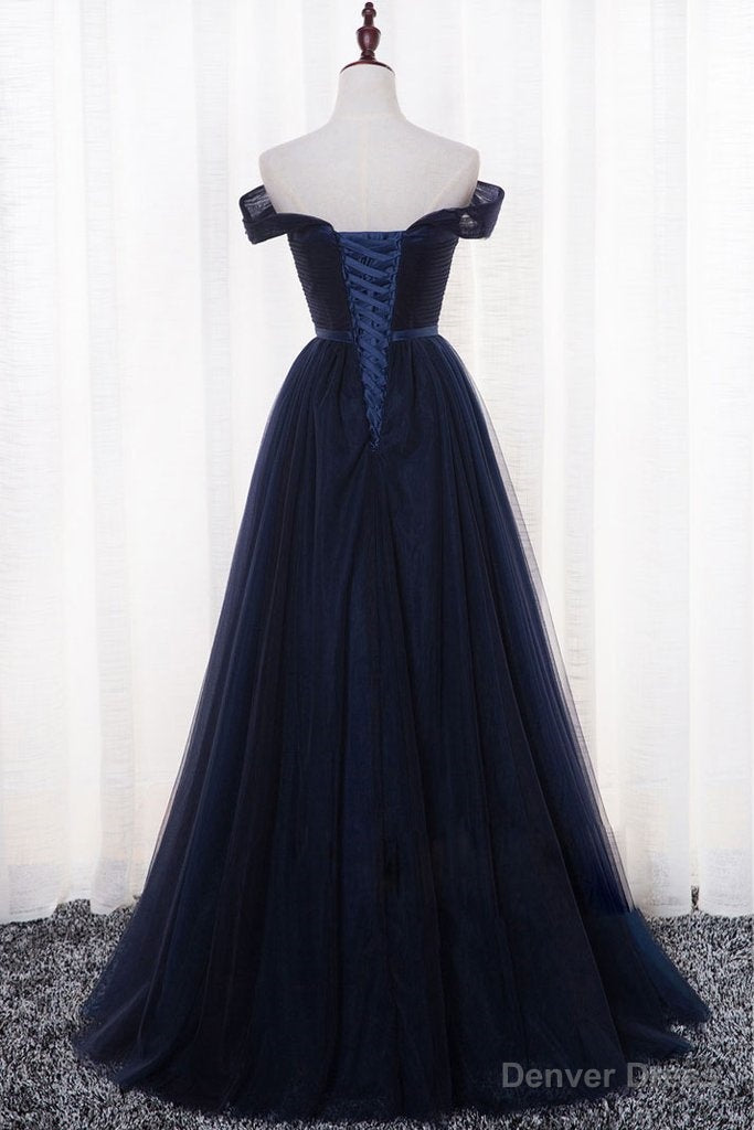 Navy Blue Tulle Long Party Dress, Simple Off Shoulder Blue Bridesmaid Dress Secondary image
