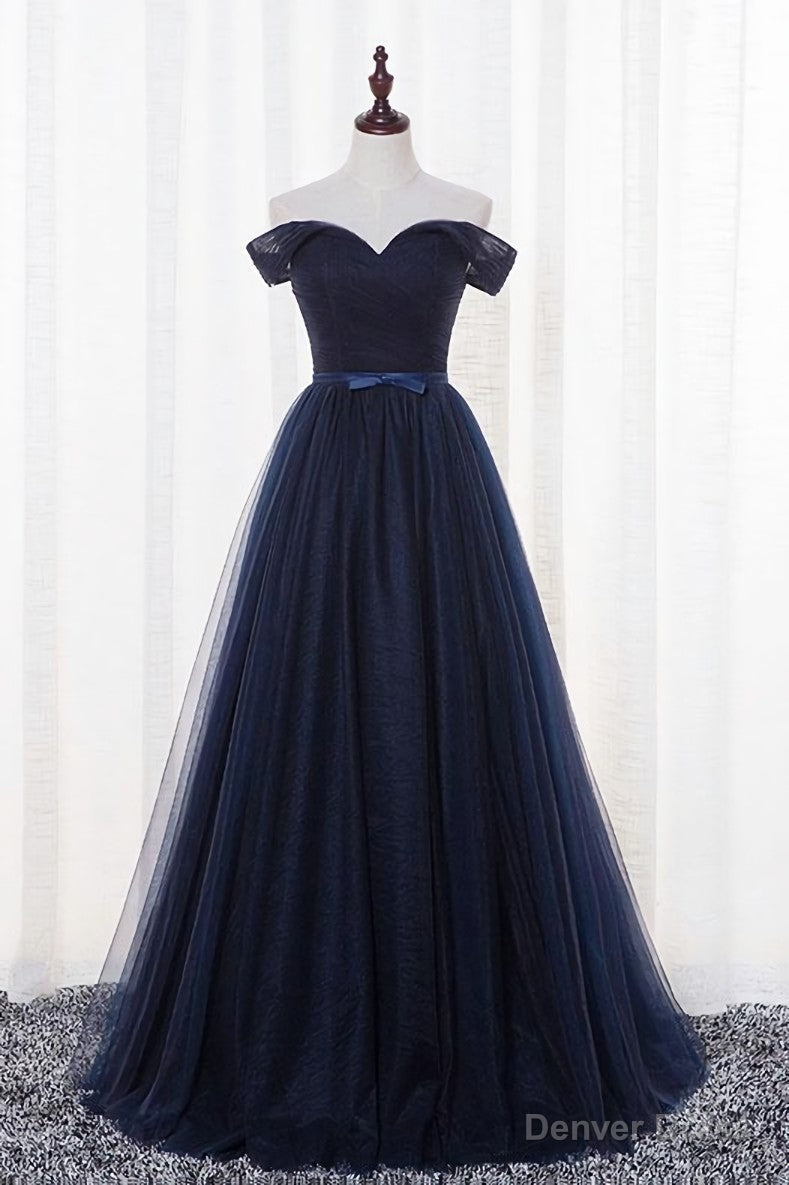 Navy Blue Tulle Long Prom Dress, Simple Off Shoulder Blue Bridesmaid Dresses