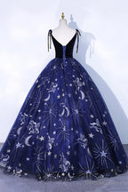 Navy Blue Tulle Long Prom Dress, Spaghetti Straps Lace Flower Backless Prom Dresses