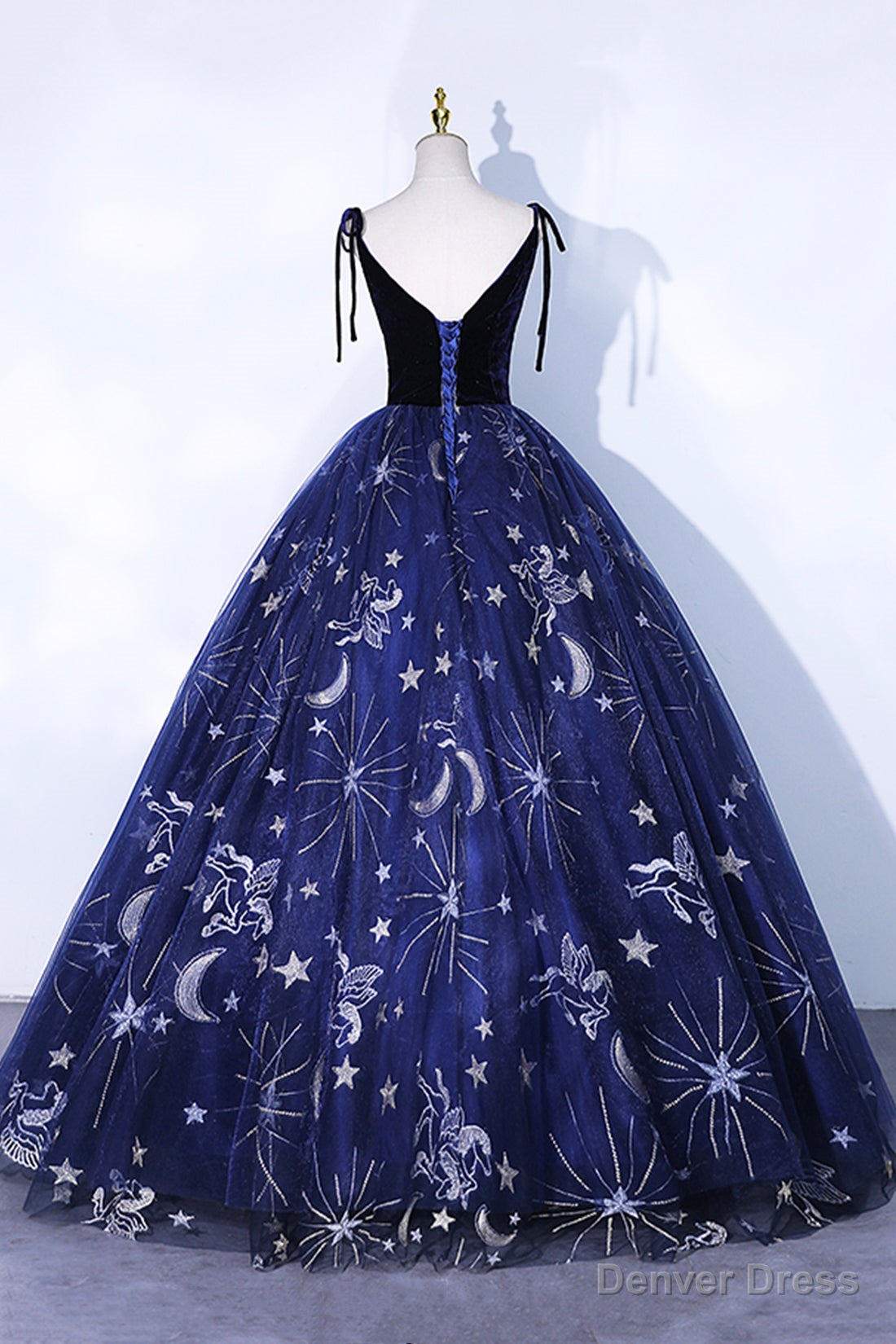 Navy Blue Tulle Long Prom Dress, Spaghetti Straps Lace Flower Backless Prom Dresses