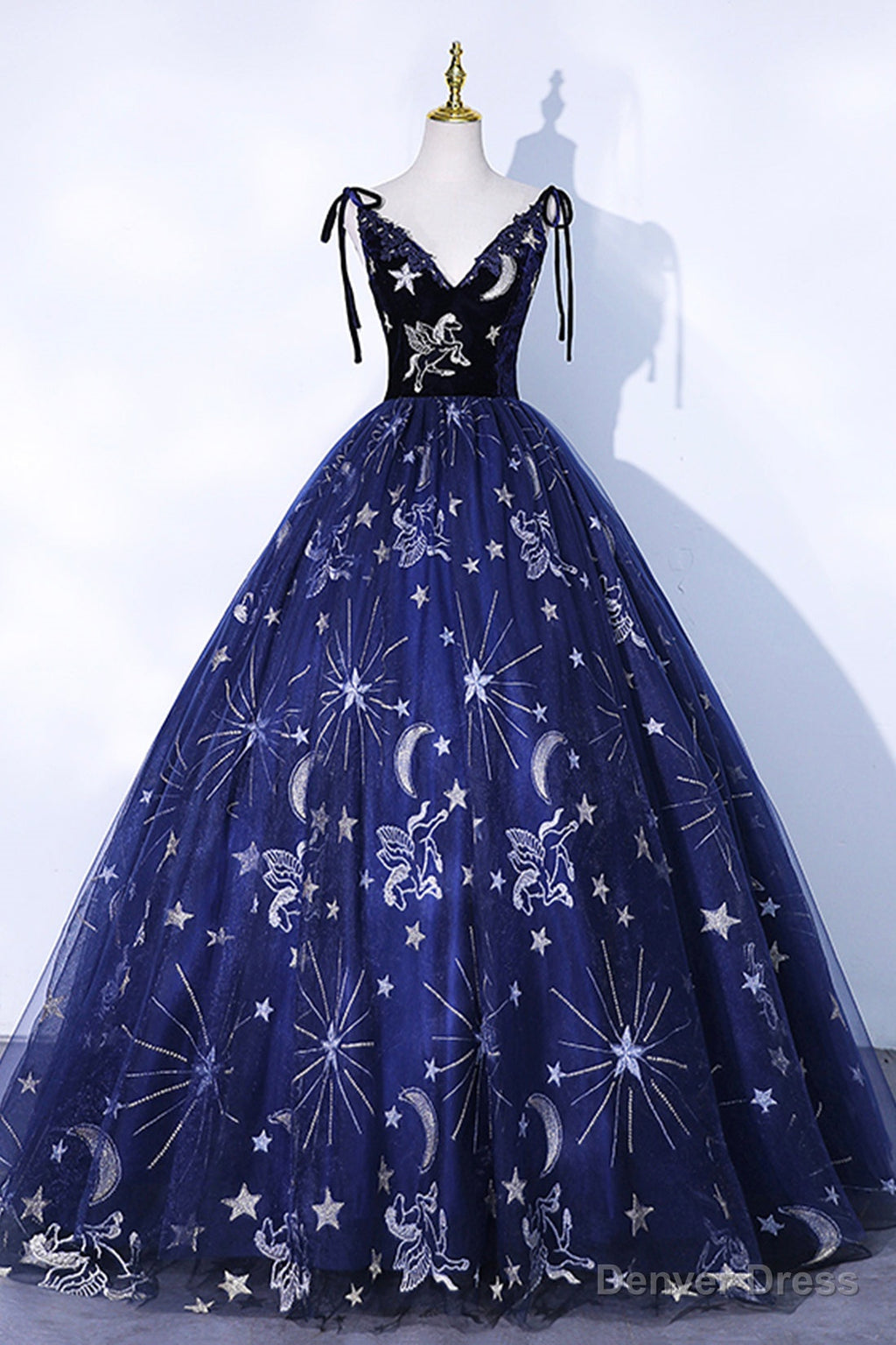 Navy Blue Tulle Long Prom Dress, Spaghetti Straps Lace Flower Backless Prom Dresses