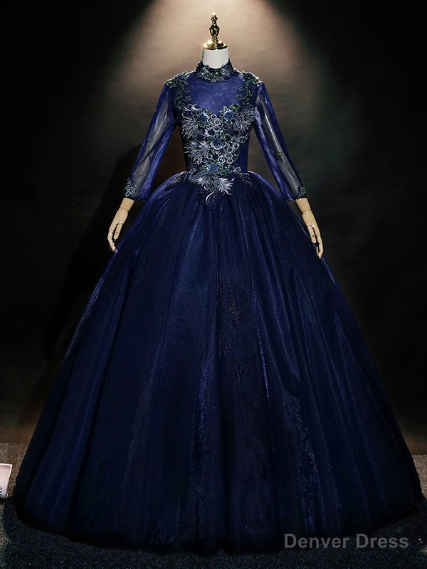 Navy Blue Tulle Long Sleeve Appliques Quinceanera Dresses