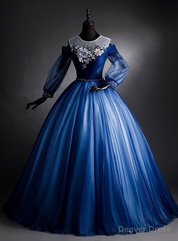 Navy Blue Tulle Long Sleeve Backless Quinceanera Dresses