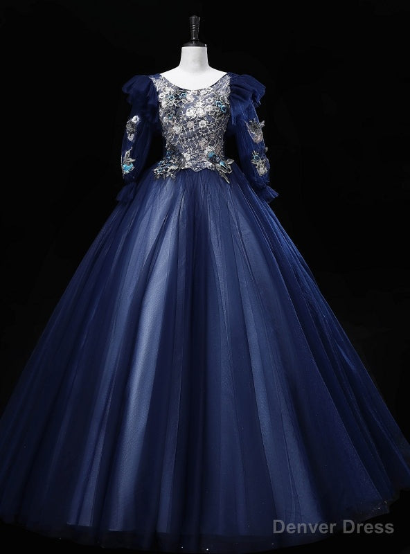 Navy Blue Tulle Long Sleeve Embroidery Sequins Quinceanera Dresses