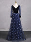 Navy Blue Tulle Long Sleeve V Neck Butterfly Prom Dresses