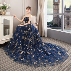 Navy Blue Tulle Mesh Long Off Shoulder Formal Dress, Blue New Style Party Dress Prom Dress