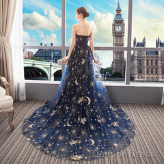 Navy Blue Tulle Mesh Long Off Shoulder Formal Dress, Blue New Style Party Dress Prom Dress
