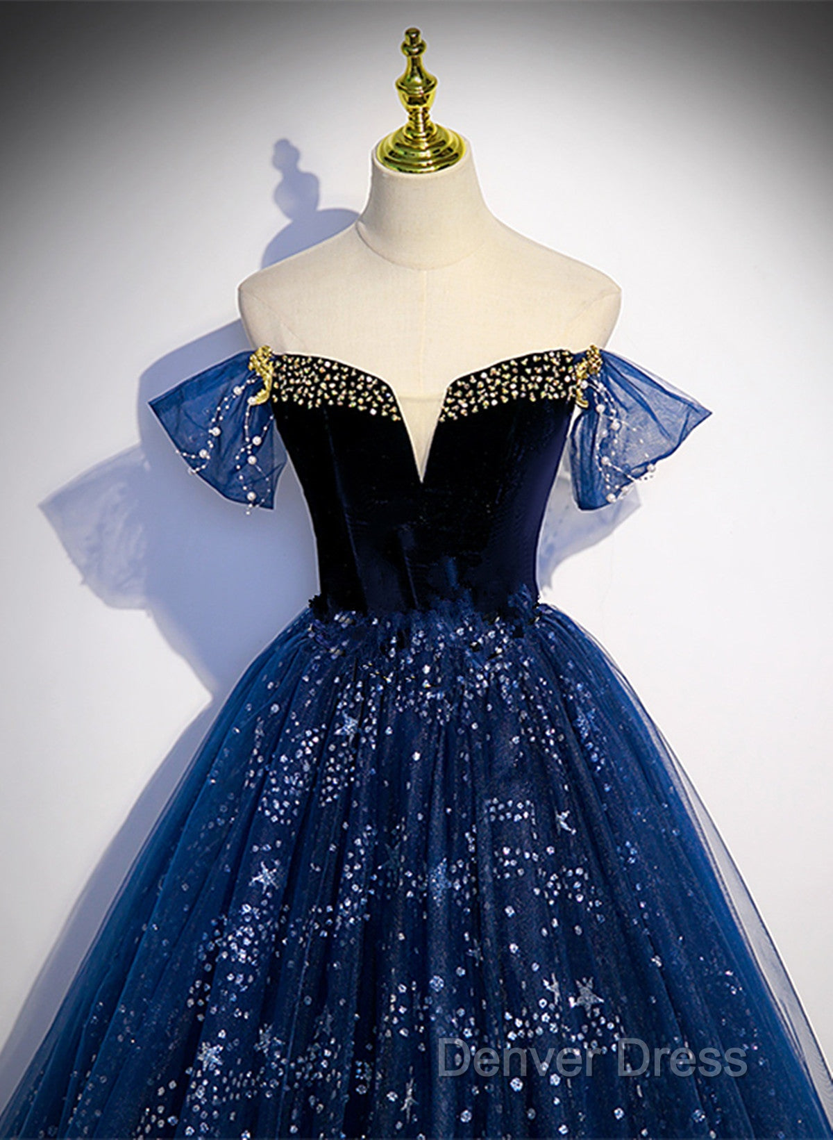 Navy Blue Tulle Off Shoulder Beaded Long Party Dresses, Navy Blue Tulle Prom Dresses Secondary image