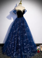 Navy Blue Tulle Off Shoulder Beaded Long Party Dresses, Navy Blue Tulle Prom Dresses