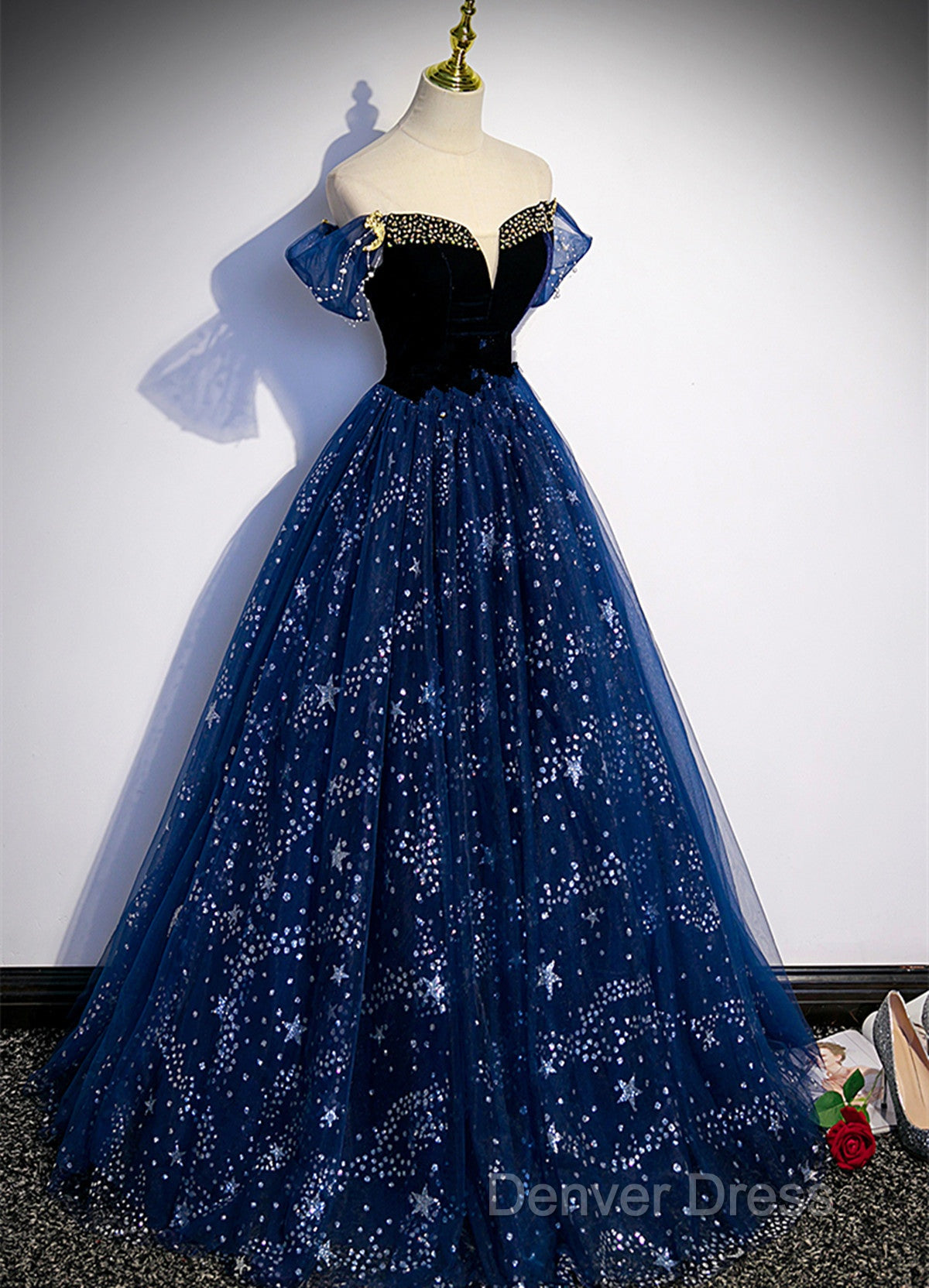 Navy Blue Tulle Off Shoulder Beaded Long Party Dresses, Navy Blue Tulle Prom Dresses
