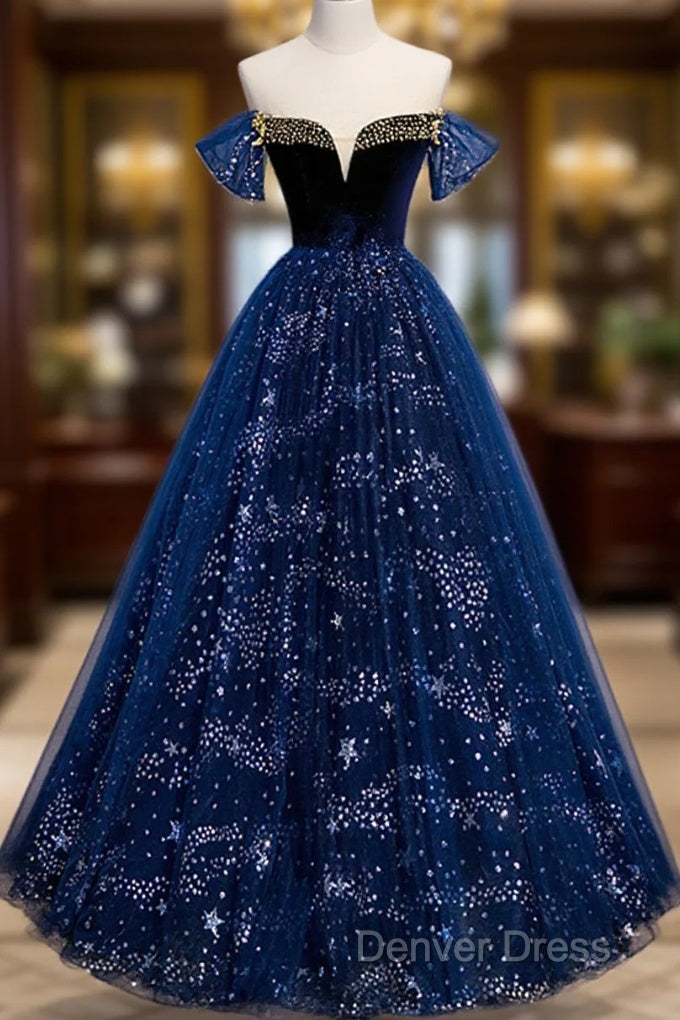 Navy Blue Tulle Off Shoulder Beaded Long Party Dresses, Navy Blue Tulle Prom Dresses Main image