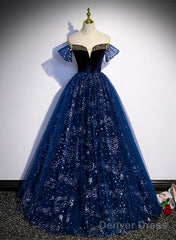 Navy Blue Tulle Off Shoulder Beaded Long Party Dress, Navy Blue Tulle Prom Dress