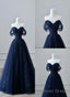 Navy Blue Tulle Off Shoulder Sweetheart Party Dress, Navy Blue Long Prom Dress