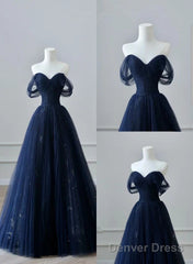 Navy Blue Tulle Off Shoulder Sweetheart Party Dress, Navy Blue Long Prom Dress