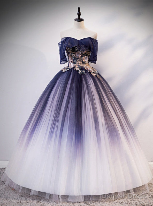 Navy Blue Tulle Off the Shoulder Appliques Quinceanera Dresses