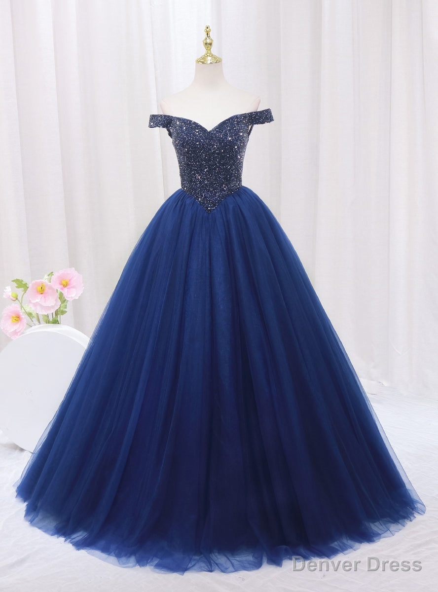 Navy Blue Tulle Off the Shoulder Beading Prom Dress Main image