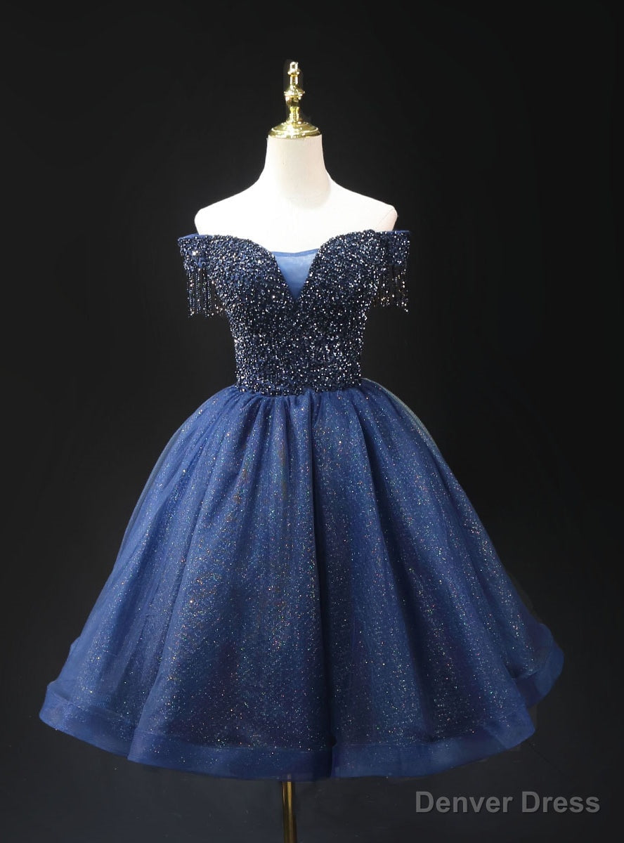 Navy Blue Tulle Off the Shoulder Homecoming Dresses