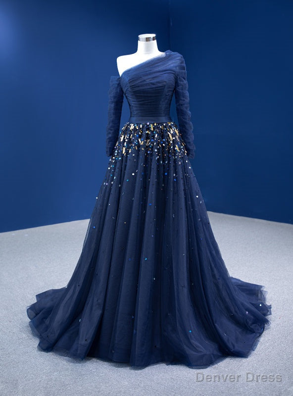 Navy Blue Tulle One Shoulder Pleats Sequins Prom Dresses
