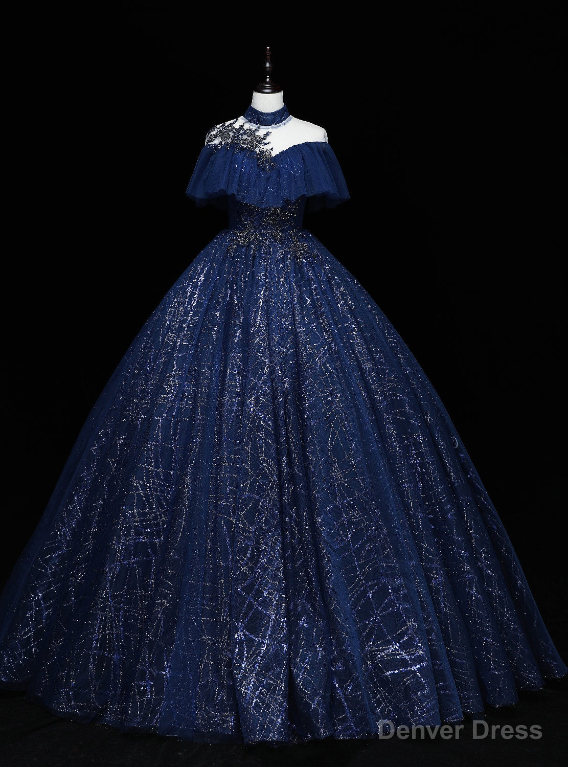 Navy Blue Tulle Sequins Appliques Beading Quinceanera Dresses