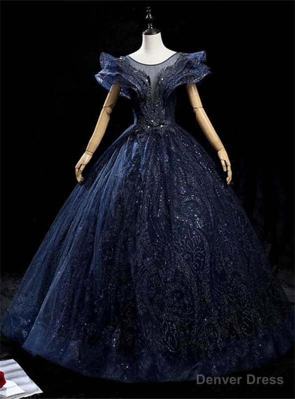 Navy Blue Tulle Sequins Appliques Quinceanera Dresses
