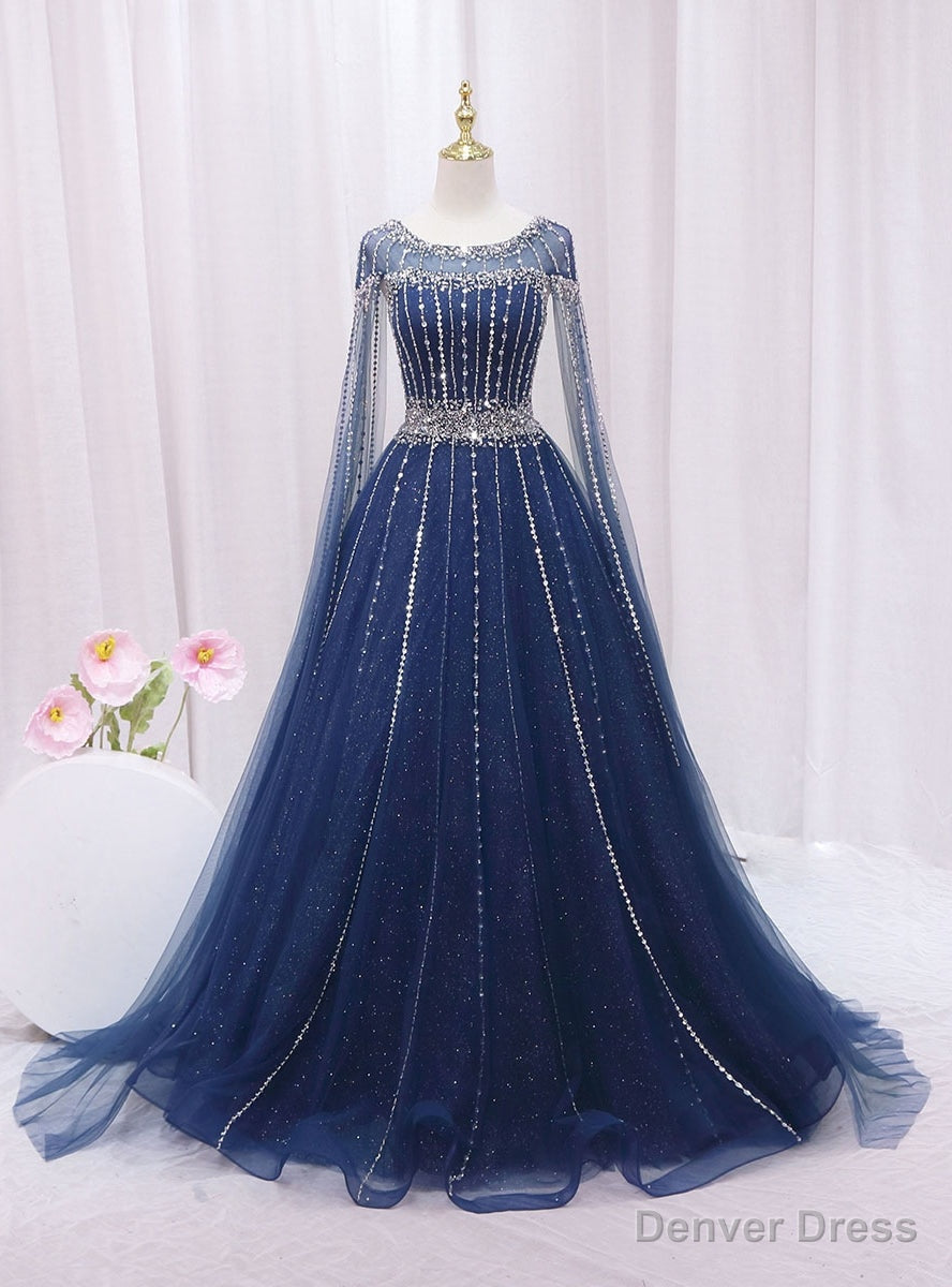 Navy Blue Tulle Sequins Beading Cap Sleeve Prom Dresses