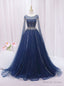 Navy Blue Tulle Sequins Beading Cap Sleeve Prom Dresses