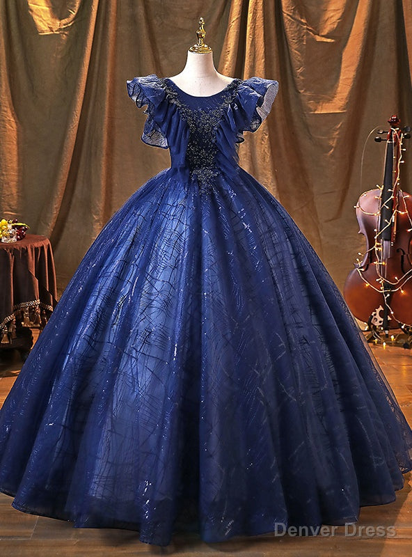 Navy Blue Tulle Sequins Beading Quinceanera Dresses