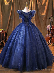 Navy Blue Tulle Sequins Beading Quinceanera Dress