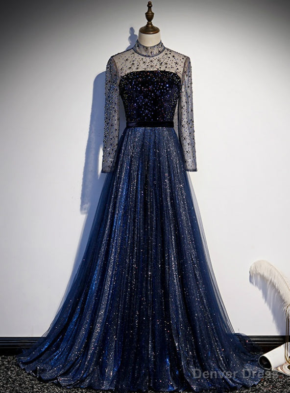 Navy Blue Tulle Sequins High Neck Long SLeeve Beading Prom Dresses