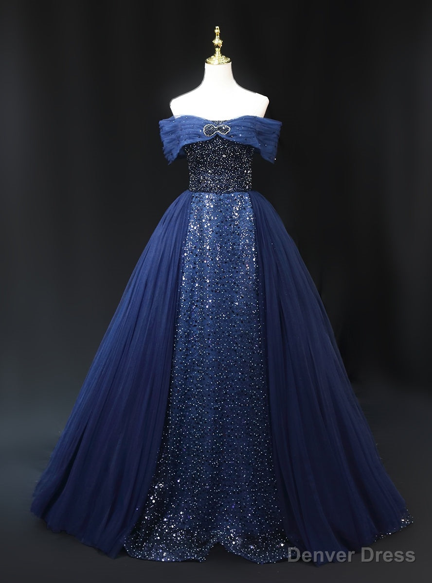 Navy Blue Tulle Sequins Off the Shoulder Beading Prom Dresses