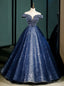 Navy Blue Tulle Sequins Off the Shoulder Beading Quinceanera Dress