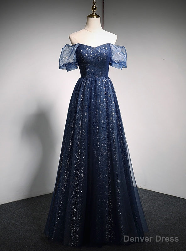 Navy Blue Tulle Sequins Off the Shoulder Puff Sleeve Prom Dresses