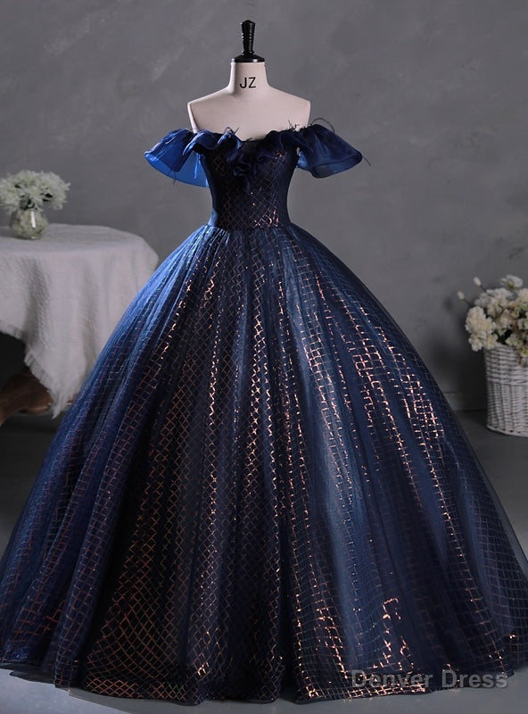 Navy Blue Tulle Sequins Off the Shoulder Quinceanera Dress Main image