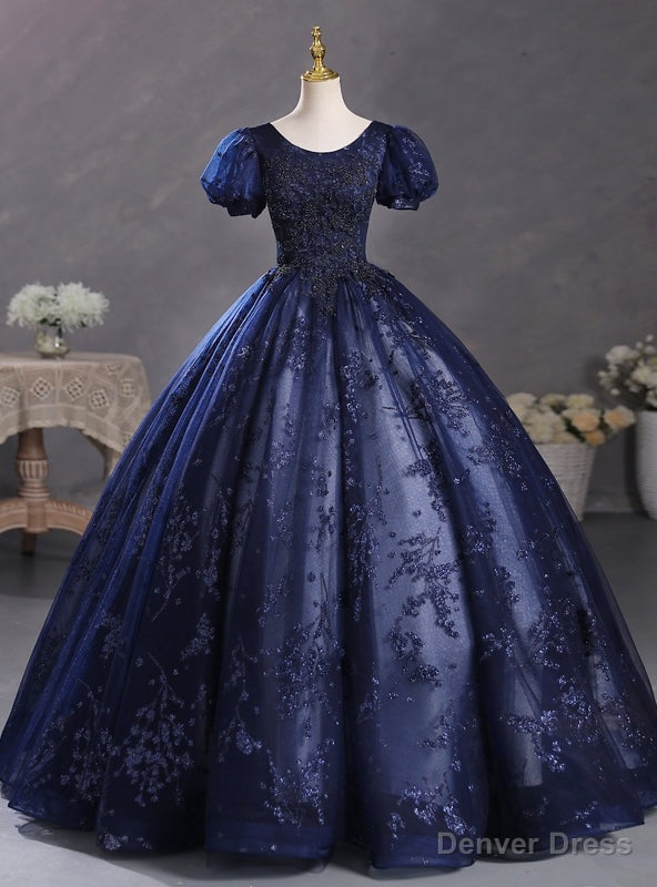 Navy Blue Tulle Sequins Puff Sleeve Beading Quinceanera Dress Main image