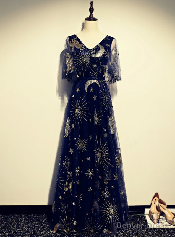 Navy Blue Tulle Sequins V Neck Short Sleeve Prom Dresses