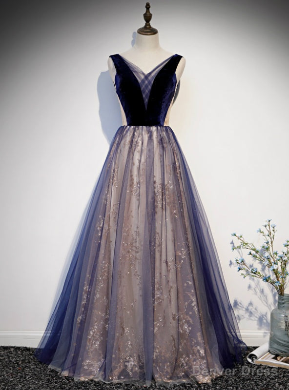 Navy Blue Tulle Sequins Velvet V Neck Prom Dresses