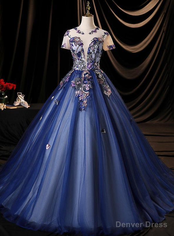 Navy Blue Tulle Short Sleeve Backless Quinceanera Dresses