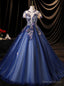 Navy Blue Tulle Short Sleeve Backless Quinceanera Dresses