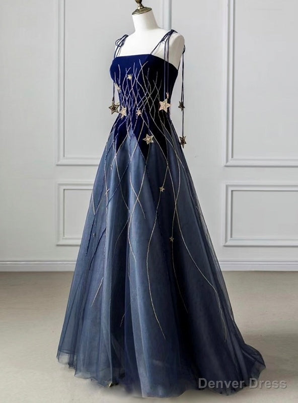 Navy Blue Tulle Spaghetti Straps Prom Dress Main image