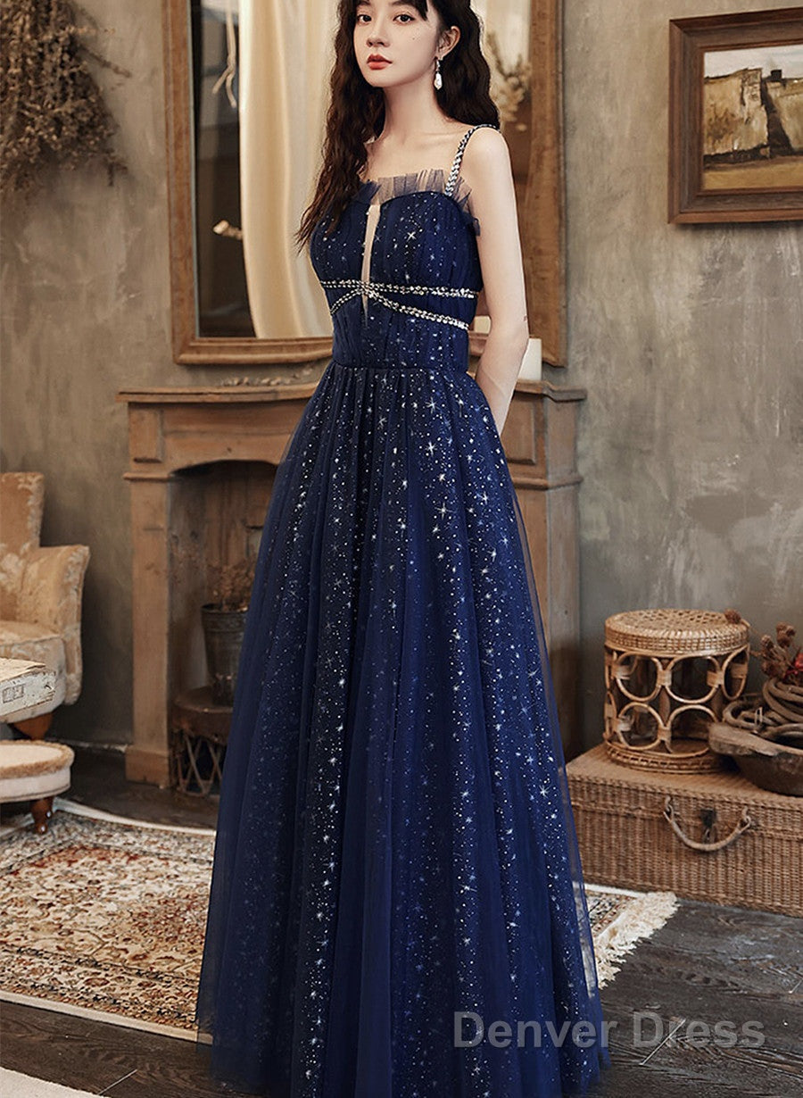 Navy Blue Tulle Straps Beaded Long Formal Dress, A-Line Blue Evening Dress Main image