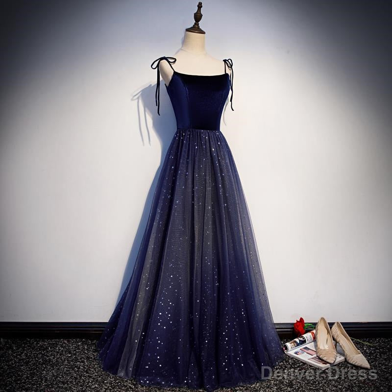 Navy Blue Tulle Straps Long Velvet Prom Dress, Blue Prom Dresses