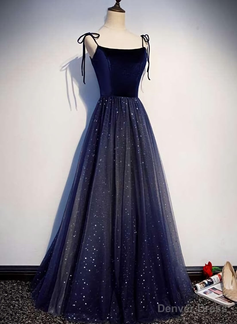 Navy Blue Tulle Straps Long Velvet Prom Dress, Blue Prom Dresses
