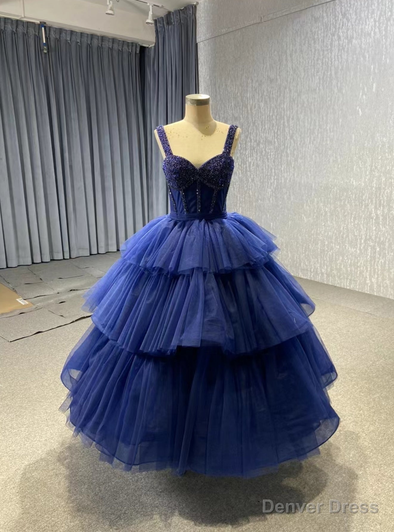 Navy Blue Tulle Straps Tiers Beading Short Prom Dresses Main image