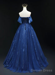 Navy Blue Tulle Sweetheart Long Prom Dress, A-Line Navy Blue Evening Dress