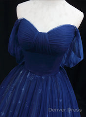 Navy Blue Tulle Sweetheart Long Prom Dress, A-Line Navy Blue Evening Dress