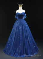 Navy Blue Tulle Sweetheart Long Prom Dress, A-Line Navy Blue Evening Dress