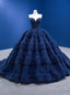 Navy Blue Tulle Sweetheart Pleats Beading Prom Dresses