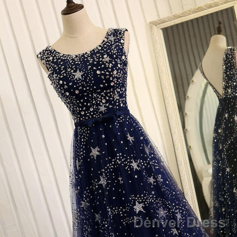 Navy Blue Tulle V Back Long Party Dress Prom Dresses, Blue A-Line Bridesmaid Dresses
