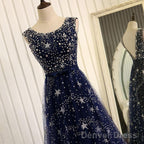 Navy Blue Tulle V Back Long Prom Dress Prom Dress, Blue A-Line Bridesmaid Dresses